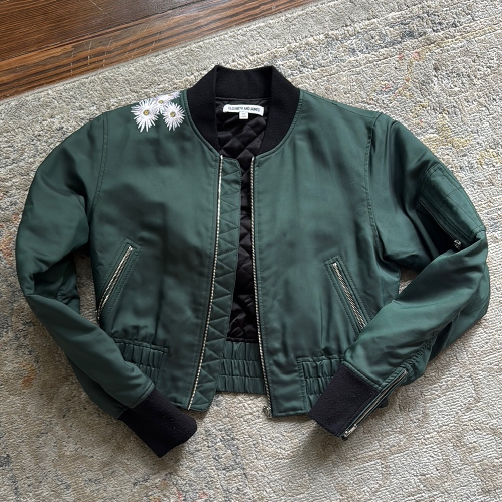 Green Bomber Jacket with Floral Detail
